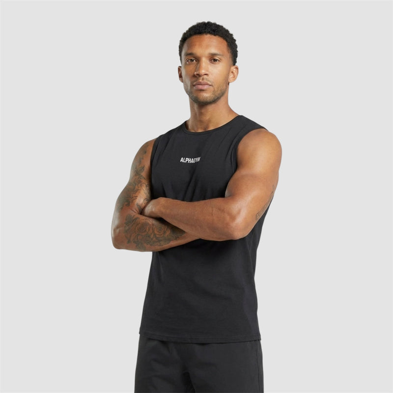 ALPHA GYM GRIT Cutted Tee Black/White – Men's Fitness T-Shirt with Open Armholes