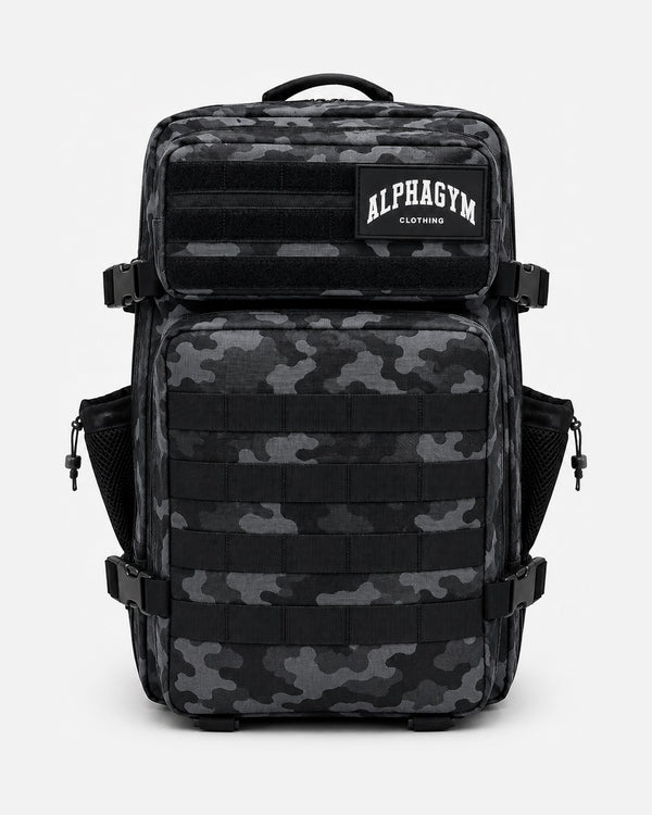 ALPHA GYM Military Gym Rucksack Black Camouflage – 45L Fitness Rucksack mit Laptopfach