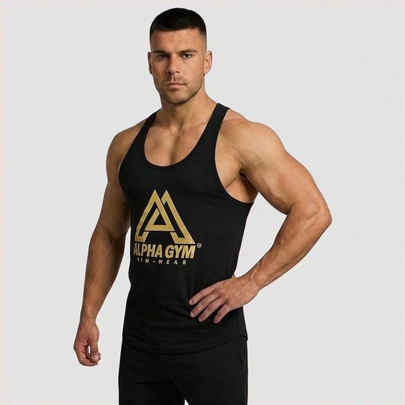 ALPHA GYM BIG LOGO Stringer Gold Edition – schwarzes Gym Tanktop Herren