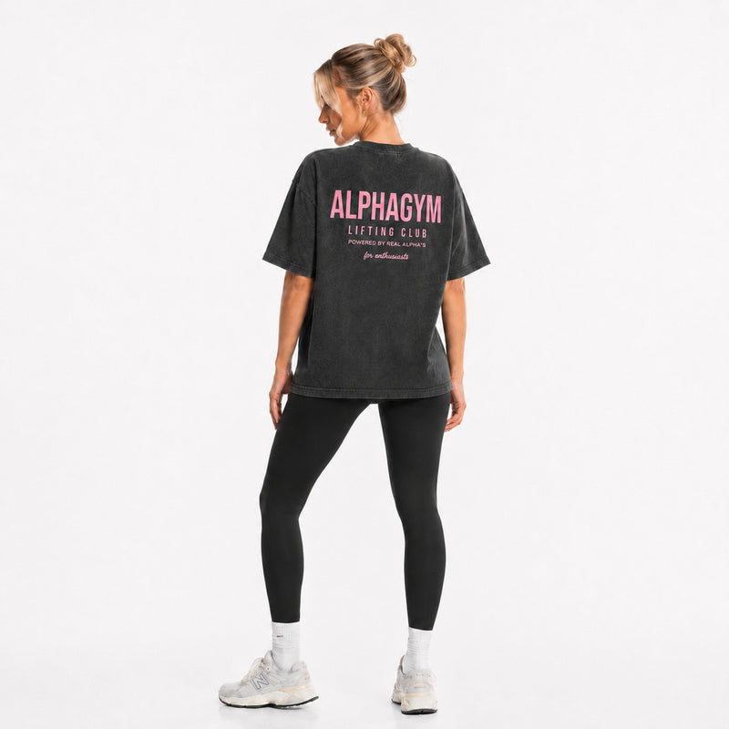 ALPHA GYM LIFTING CLUB Oversized Women T-Shirt Grey Washed Pink – Fitness Shirt Damen