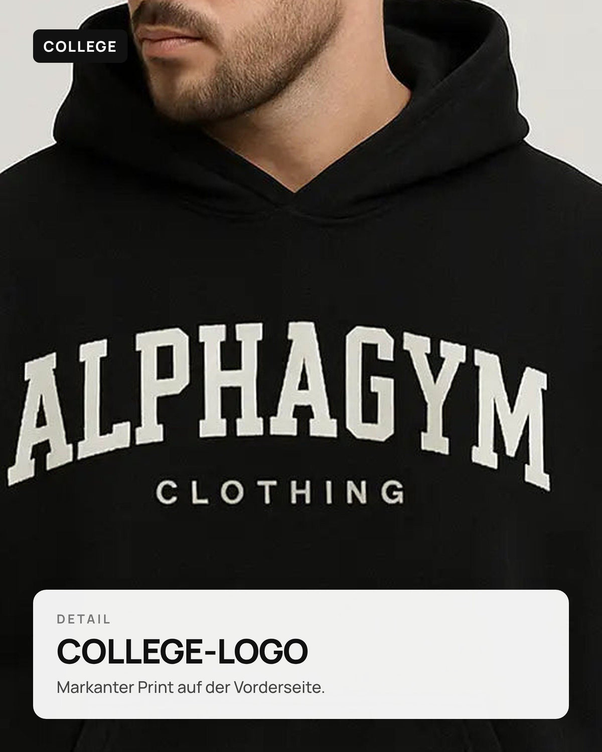 COLLEGE Oversized Fitness Hoodie – Black – weitere Ansicht des College Designs