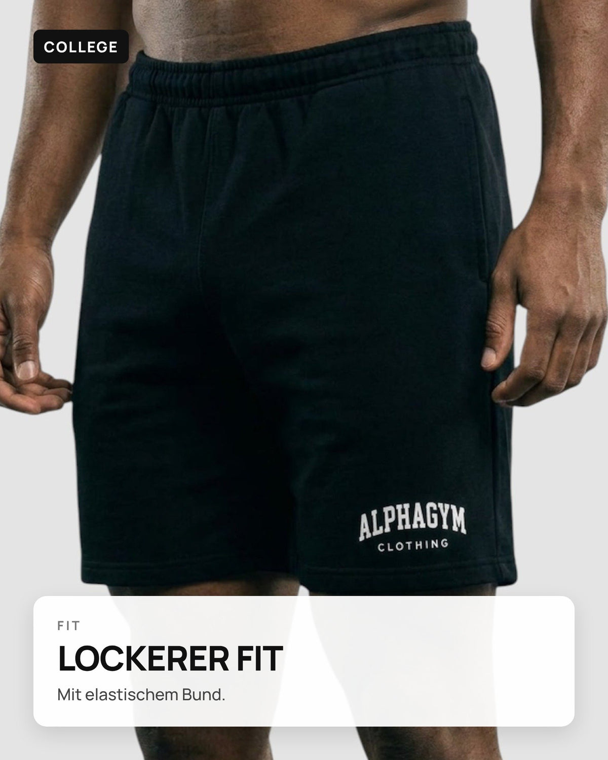 COLLEGE Gym Shorts mit Reißverschluss – Schwarz – Detailaufnahme