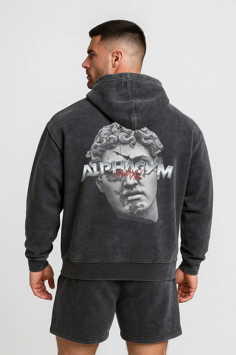 ALPHA GYM INVICTUS Oversized Zipper Hoodie Grey Washed for Men