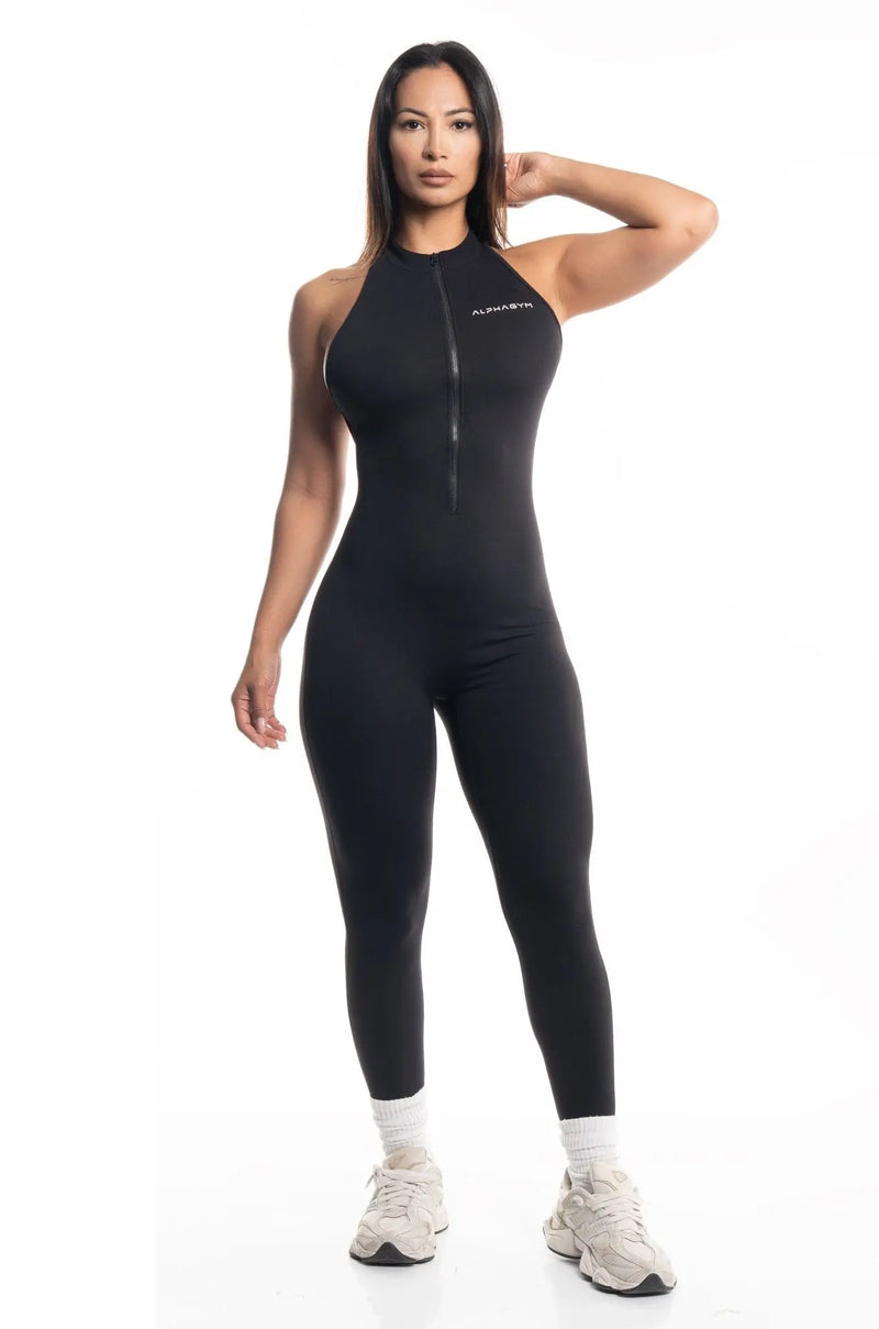 ALPHA GYM AUREA V-Back Scrunch Jumpsuit Long Schwarz – Fitness Jumpsuit Damen