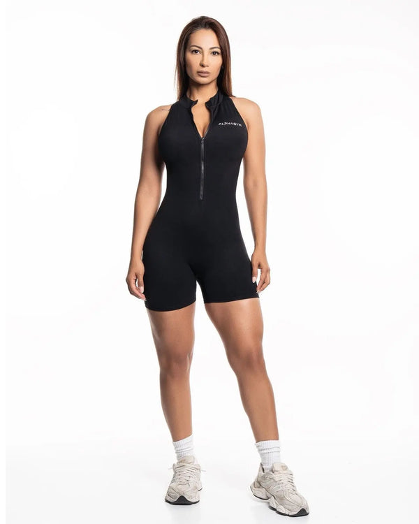 ALPHA GYM AUREA V-Back Scrunch Jumpsuit Short Schwarz – Fitness Jumpsuit Damen