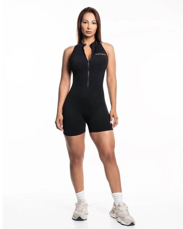 ALPHA GYM AUREA V-Back Scrunch Jumpsuit Short Schwarz – Fitness Jumpsuit Damen