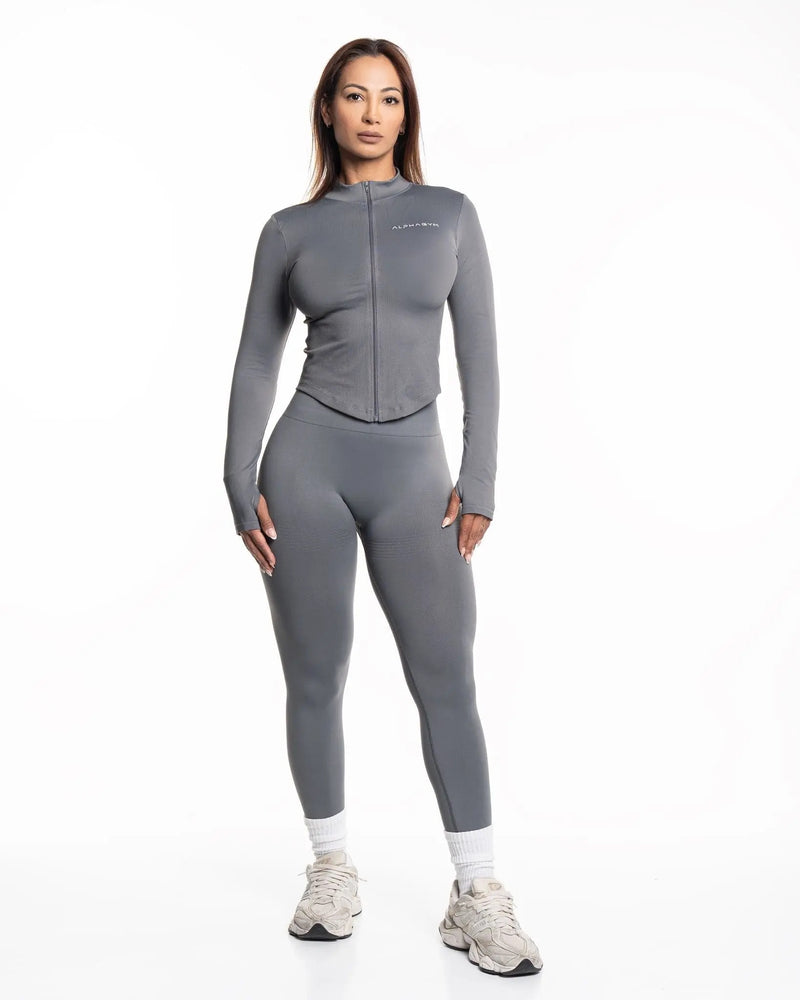 ALPHA GYM VALORA Set Dark Gray – Women's Shaping Zip Jacket and Seamless Scrunch Leggings
