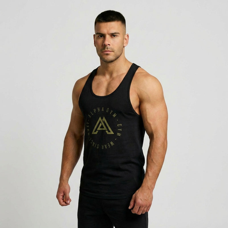 ALPHA GYM SIGNATURE Stringer Army Green Edition – schwarzes Gym Tanktop Herren