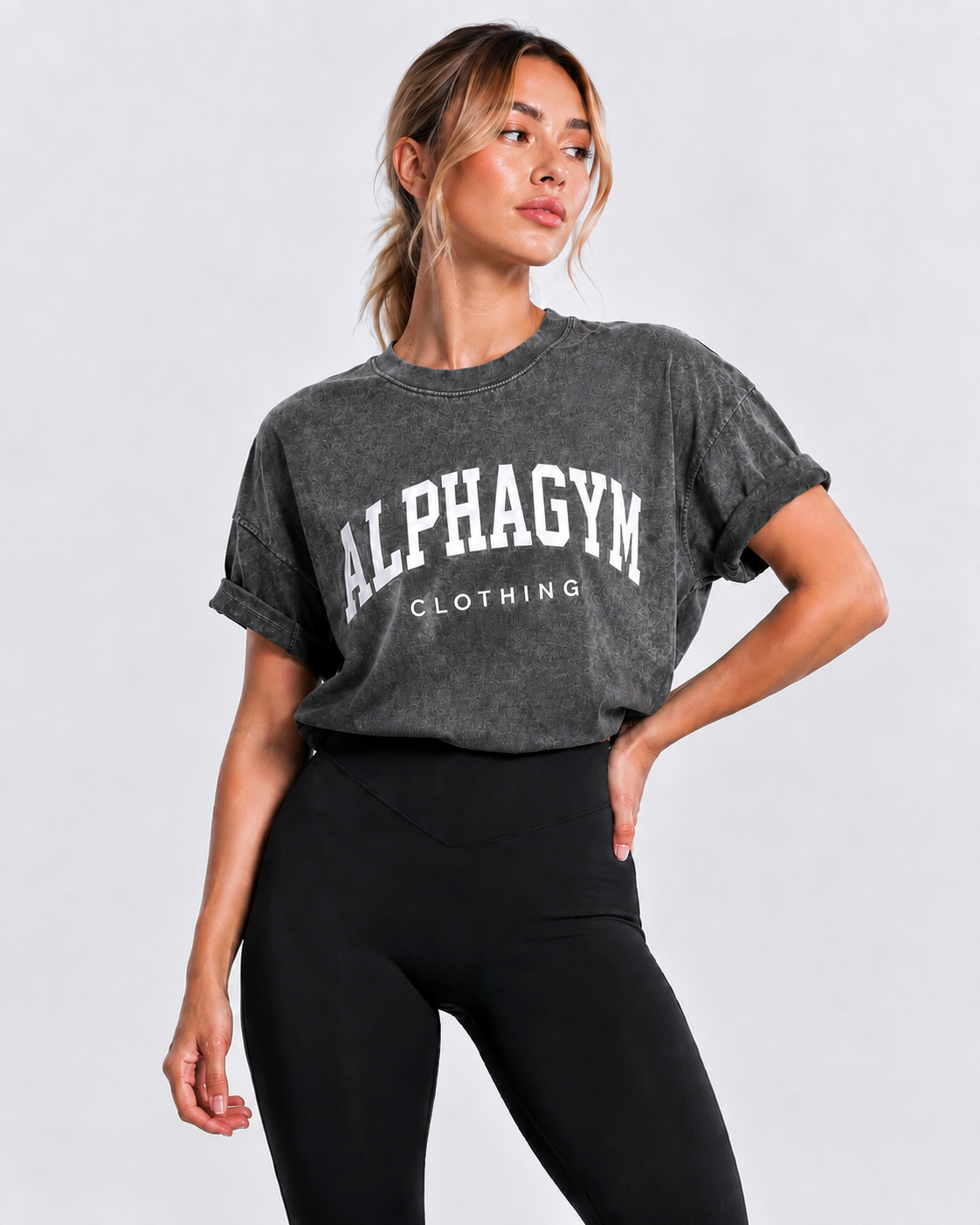 ALPHA GYM "COLLEGE" OVERSIZED WOMEN T-SHIRT GREY WASHED – Produktansicht