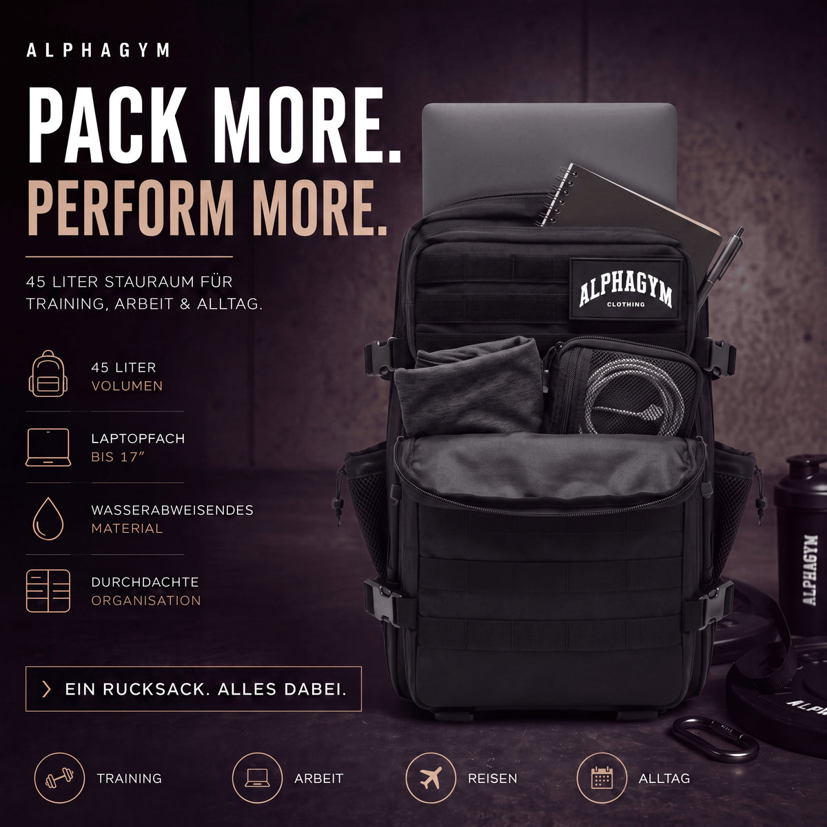 ALPHA GYM 45L Gym Rucksack mit Laptopfach und Organisationsfächern