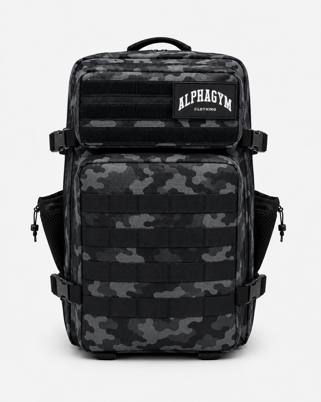 ALPHA GYM Gym Rucksack 45L mit Laptopfach – Military Black Camouflage – Meal Prep Rucksack