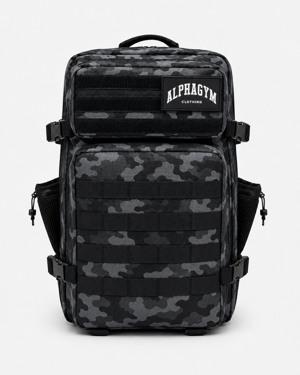 ALPHA GYM Military Gym Rucksack Black Camouflage – 45L Fitness Rucksack mit Laptopfach
