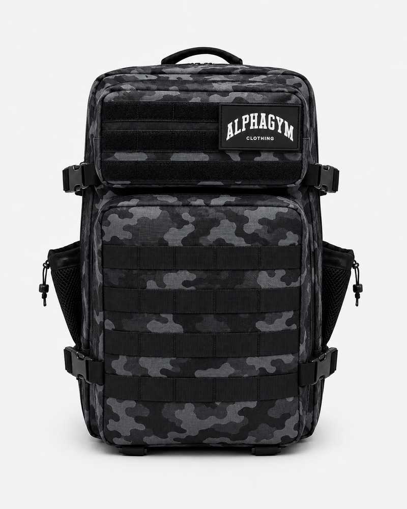 ALPHA GYM Military Gym Rucksack Black Camouflage – 45L Fitness Rucksack mit Laptopfach