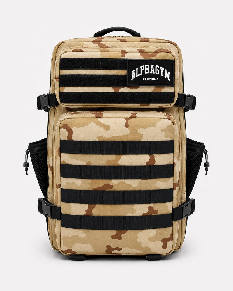 ALPHA GYM Military Gym Backpack Sand Camouflage – 45L Fitness Backpack with Laptop Compartment