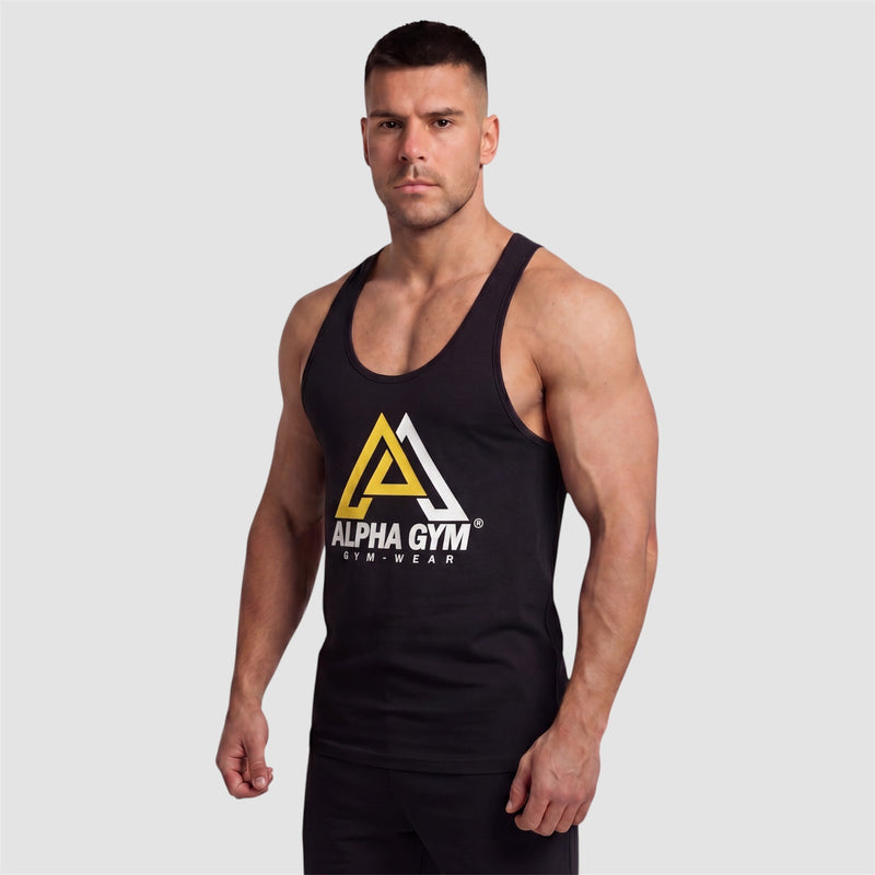 ALPHA GYM BIG LOGO Stringer Yellow Edition – schwarzes Gym Tanktop Herren