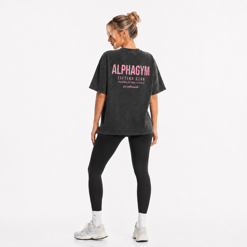 ALPHA GYM LIFTING CLUB Oversized Women T-Shirt Grey Washed Pink – Fitness Shirt Damen