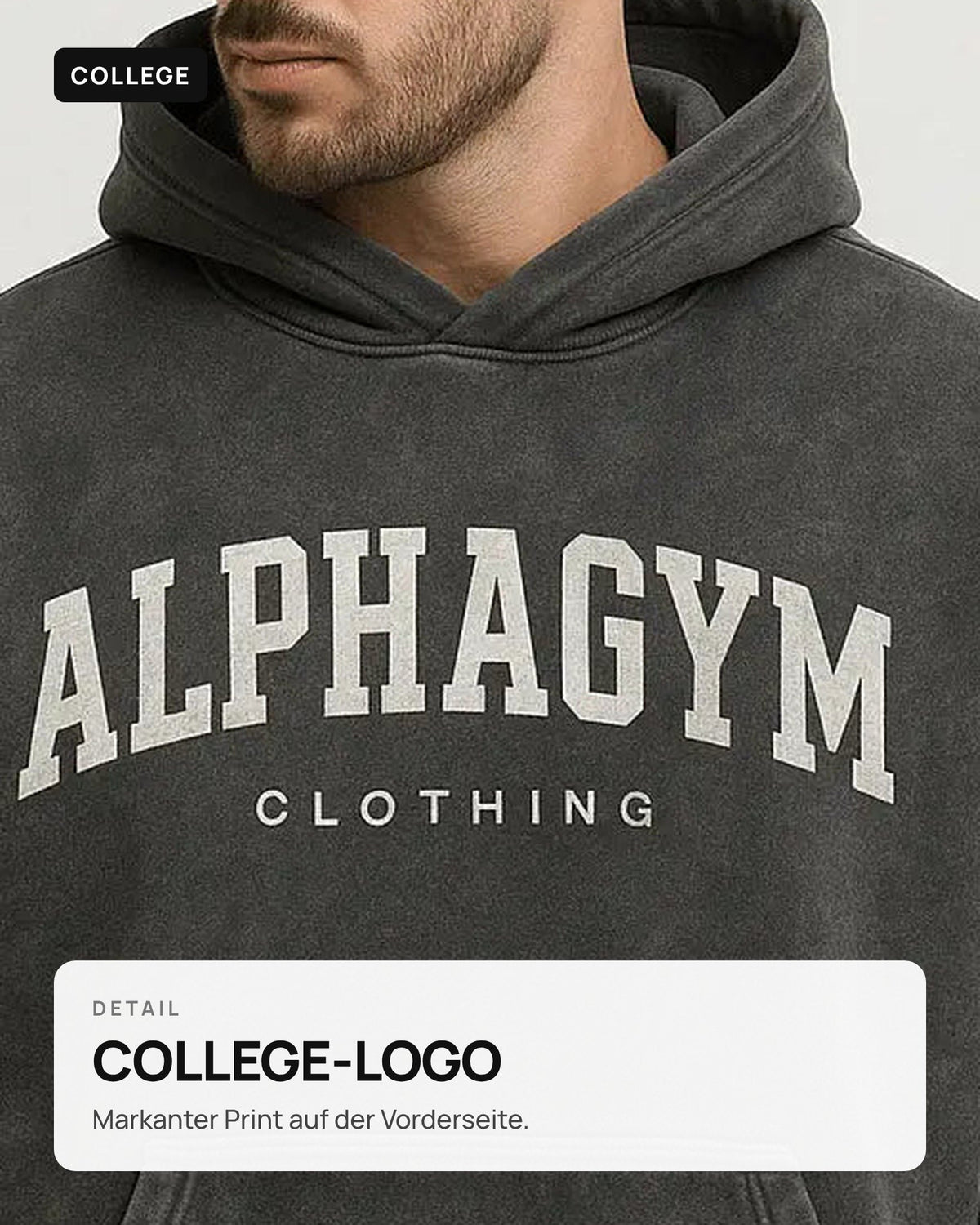 COLLEGE Oversized Fitness Hoodie – Grey Washed – Detailaufnahme
