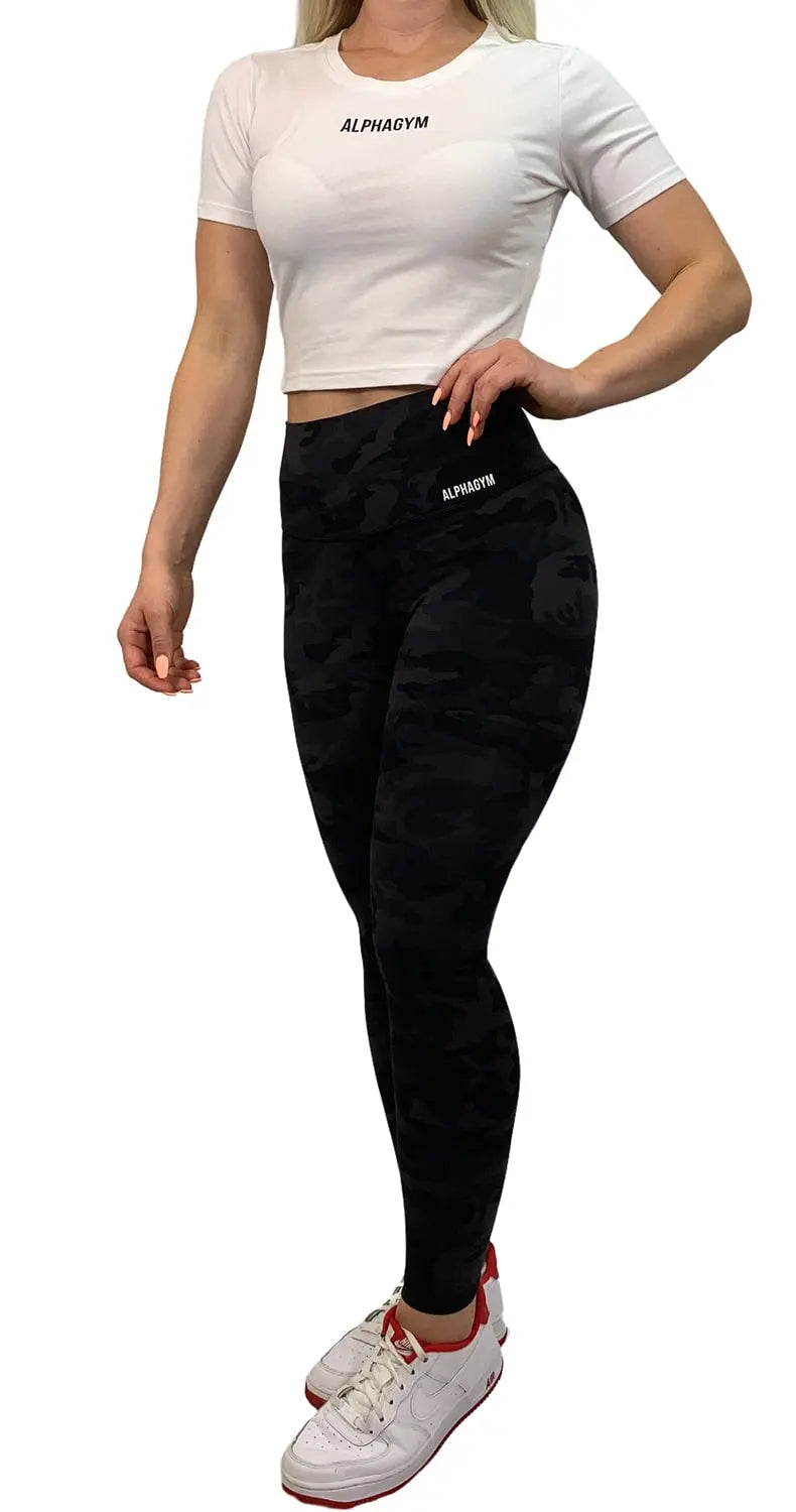 ALPHA GYM BLACK CAMO Leggings – Women's Sports Leggings in Camouflage